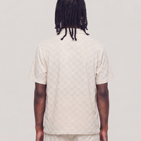Checkerboard Towel Color Blocked Short Sleeve Button Down Shirt CREAM RSP-040 CREAM