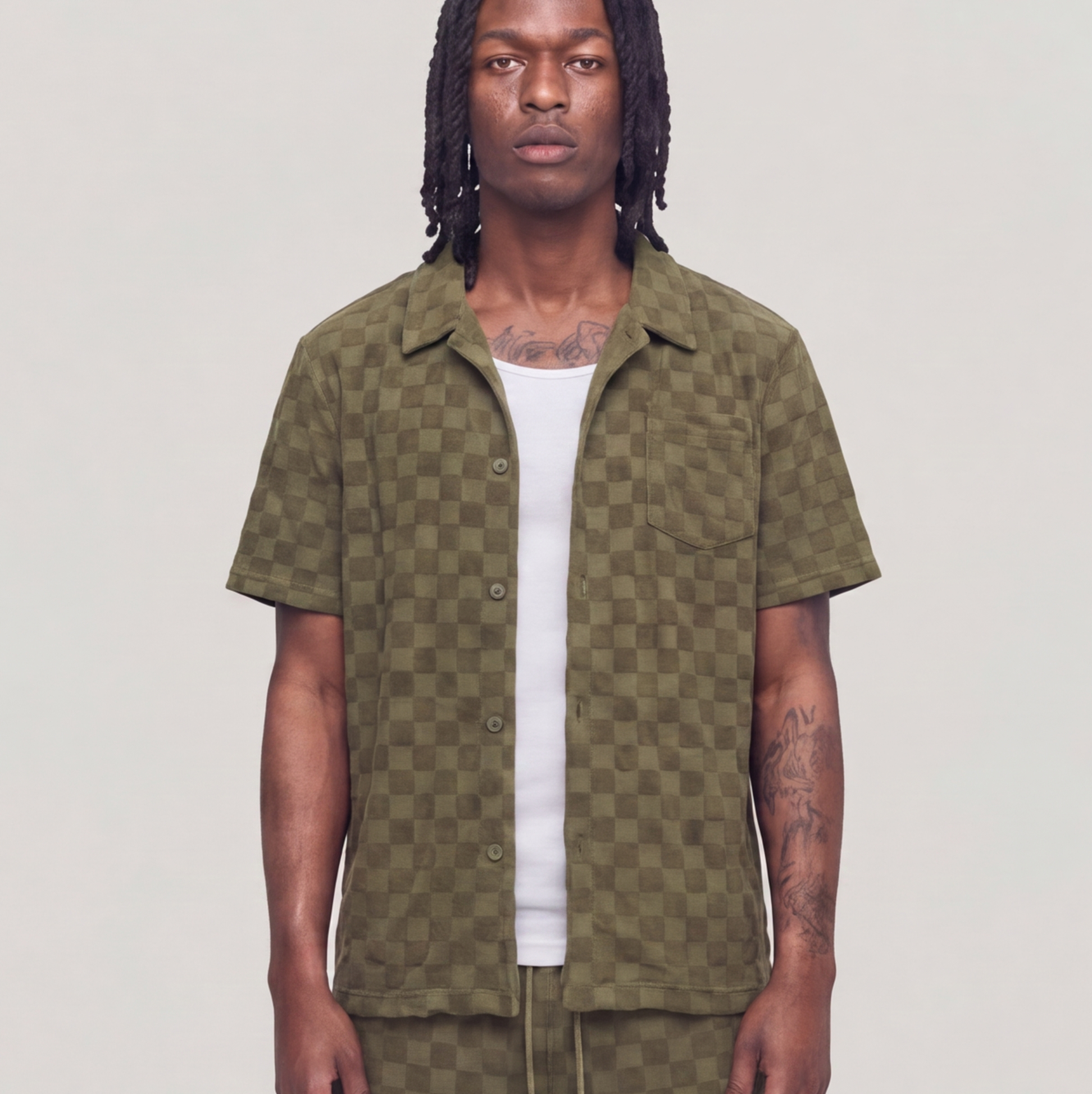 Checkerboard Towel Color Blocked Short Sleeve Button Down Shirt OLIVE RSP-040