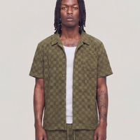 Checkerboard Towel Color Blocked Short Sleeve Button Down Shirt OLIVE RSP-040