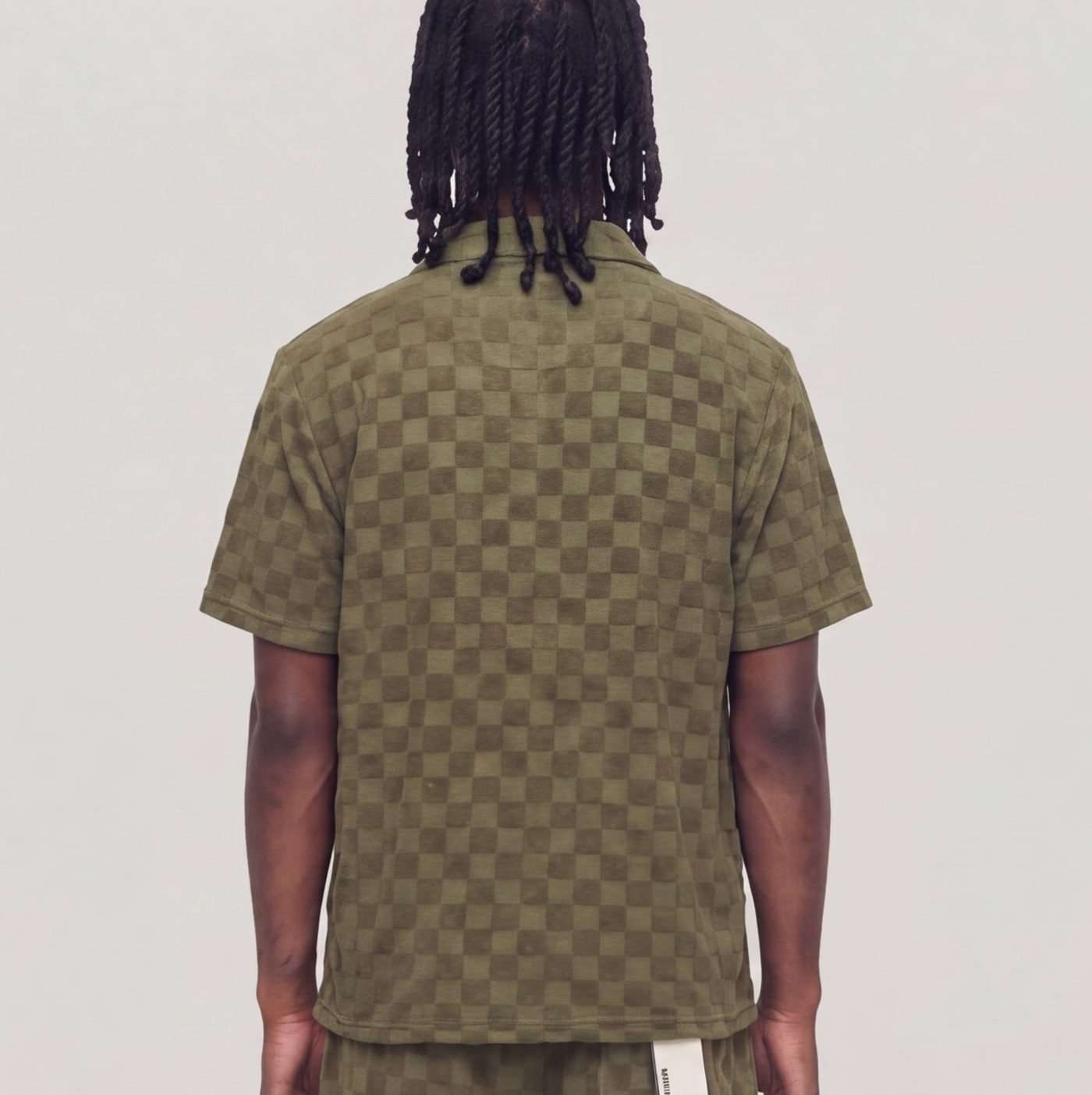 Checkerboard Towel Color Blocked Short Sleeve Button Down Shirt OLIVE RSP-040