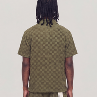 Checkerboard Towel Color Blocked Short Sleeve Button Down Shirt OLIVE RSP-040