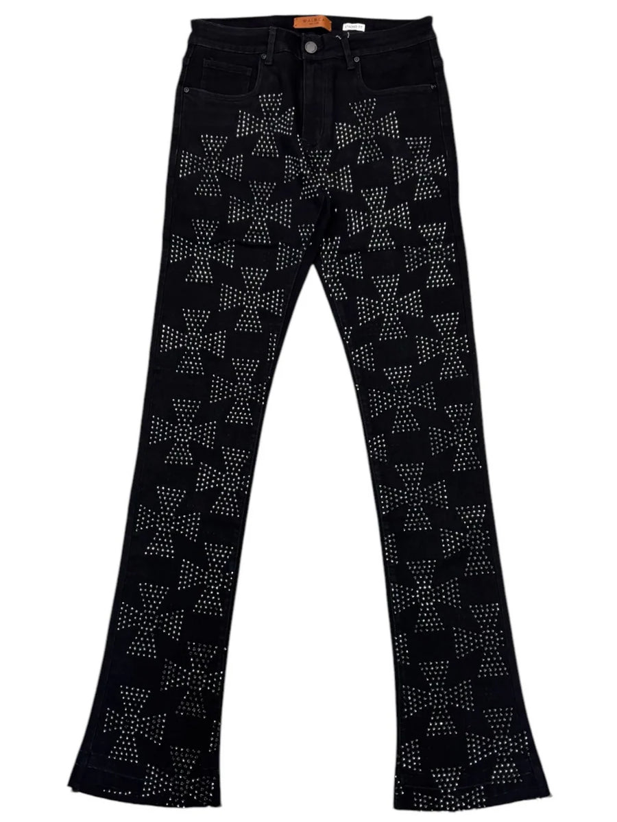 Waimea Men's Roman Cross Rhinestone Stacked Jeans Black M8443D