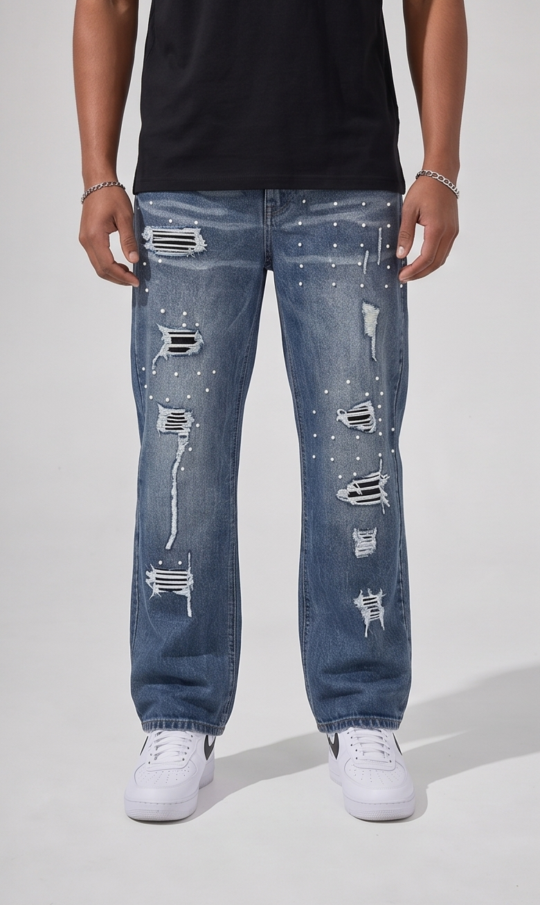 Studded Distress Denim Pants - Blue