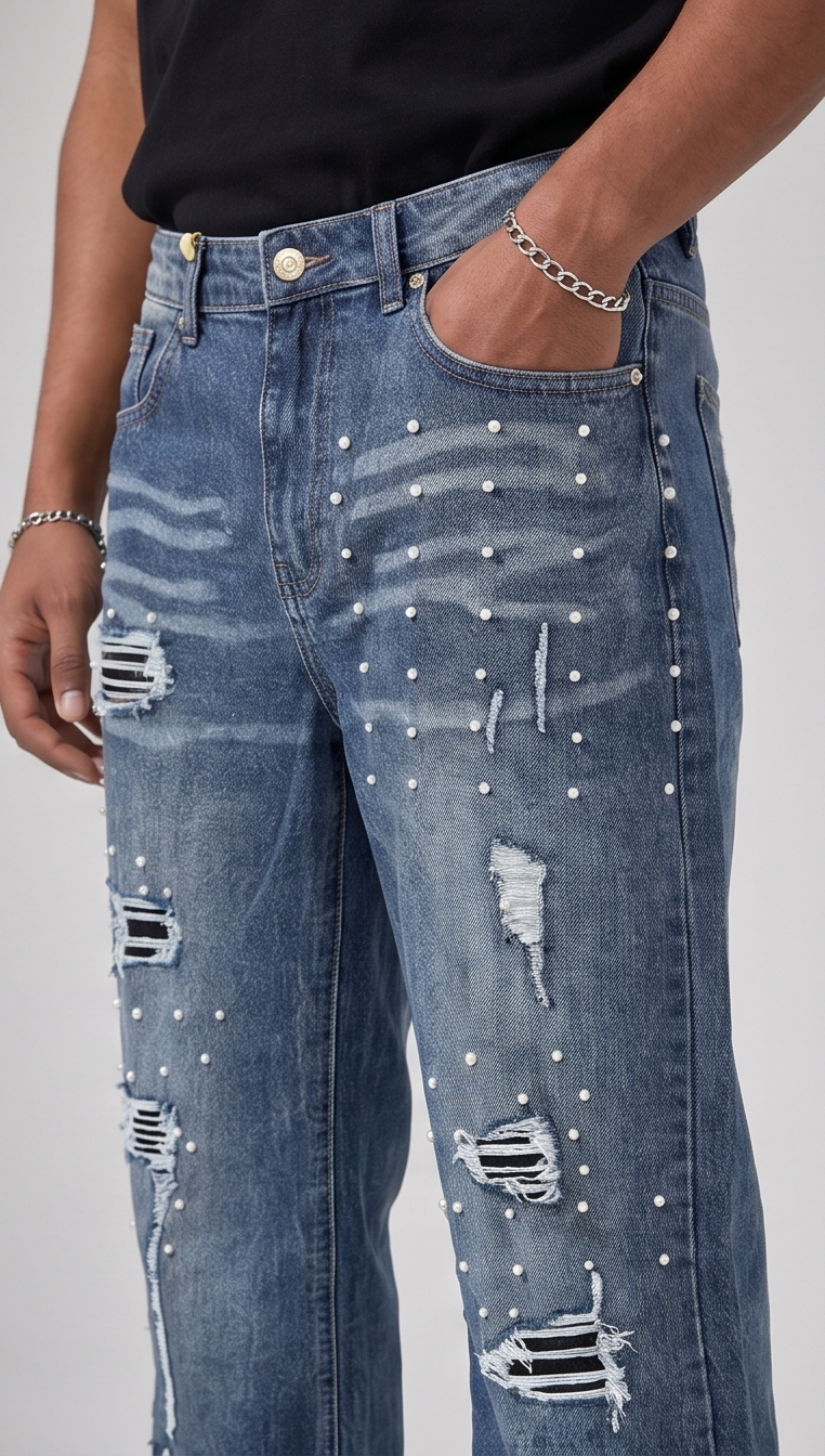 Studded Distress Denim Pants - Blue