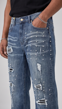 Studded Distress Denim Pants - Blue