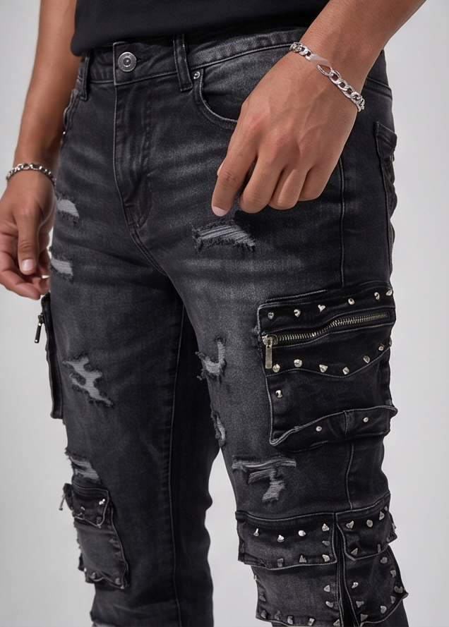 Black wash cargo denim jeans FOCUS 2401