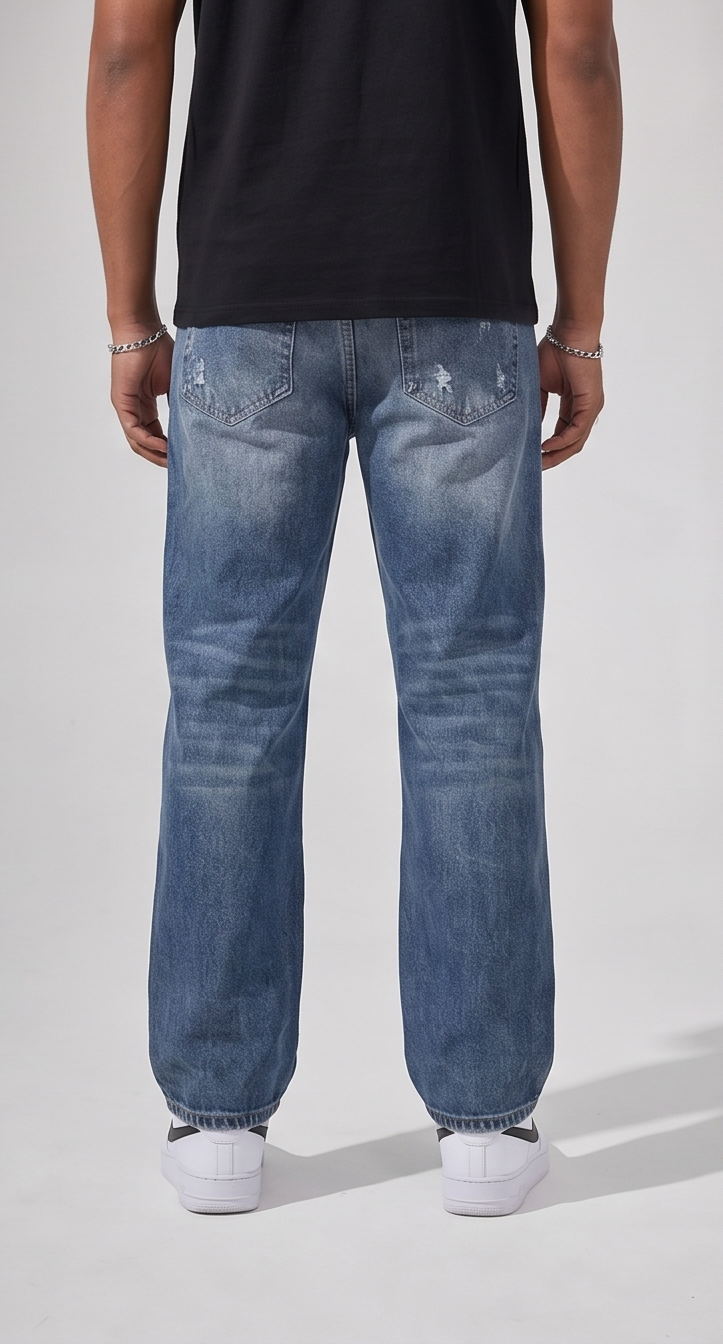 Studded Distress Denim Pants - Blue