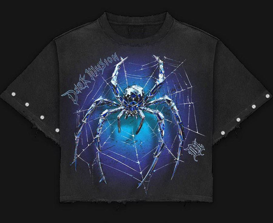 Black t-shirt with a spider graphic on a dark background